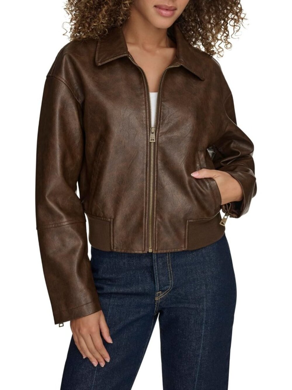Chic Women's Faux Leather Bomber Jacket with Laydown Collar - Trendy & Stylish